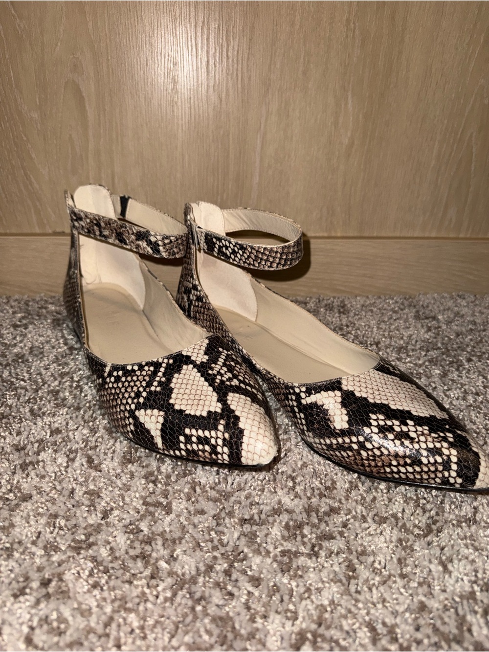 ABLE Womens 9M Snake Print Leather Ankle Strap Pointed Toe Flats Shoes Brazil